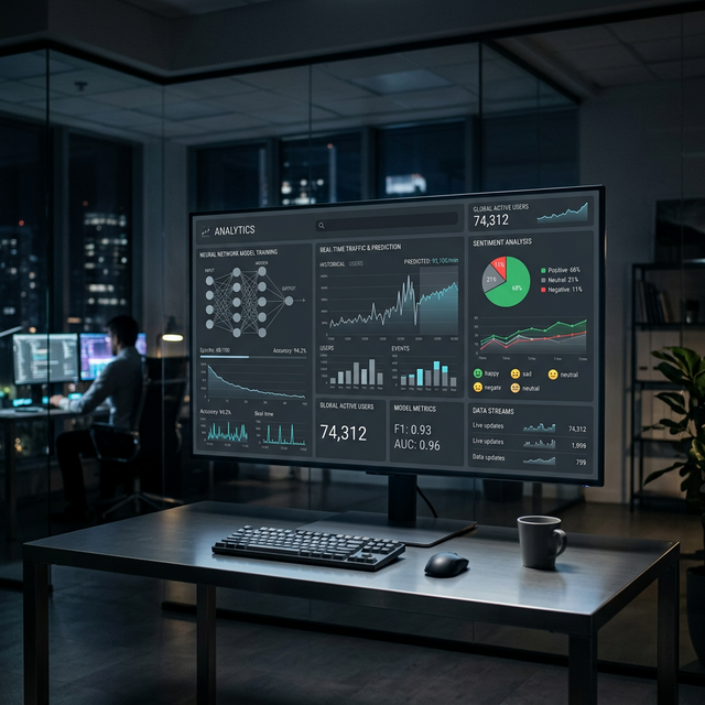 Dashboard analytique IA avec visualisations de données en temps réel
